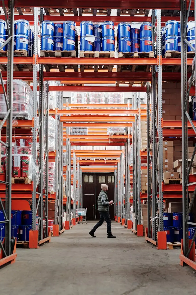 A man walking through a large industrial warehouse with stacked shelves filled with goods and products.